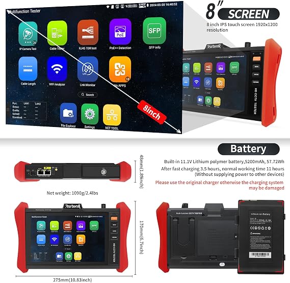 Rsrteng CCTVテスター 4K 12MP IPカメラテスター POE++ 最大90W POEカメラテスト 8インチ 1920x1200 IPS タッチスクリーン 1CH SFP モジュール WiFiネットワークツール ケーブルテスト POE検出 電源管理 アプリアップデート
