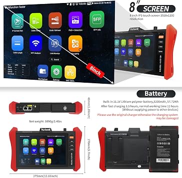 Rsrteng CCTVテスター 4K 12MP IPカメラテスター POE++ 最大90W POEカメラテスト 8インチ 1920x1200 IPS タッチスクリーン 1CH SFP モジュール WiFiネットワークツール ケーブルテスト POE検出 電源管理 アプリアップデート