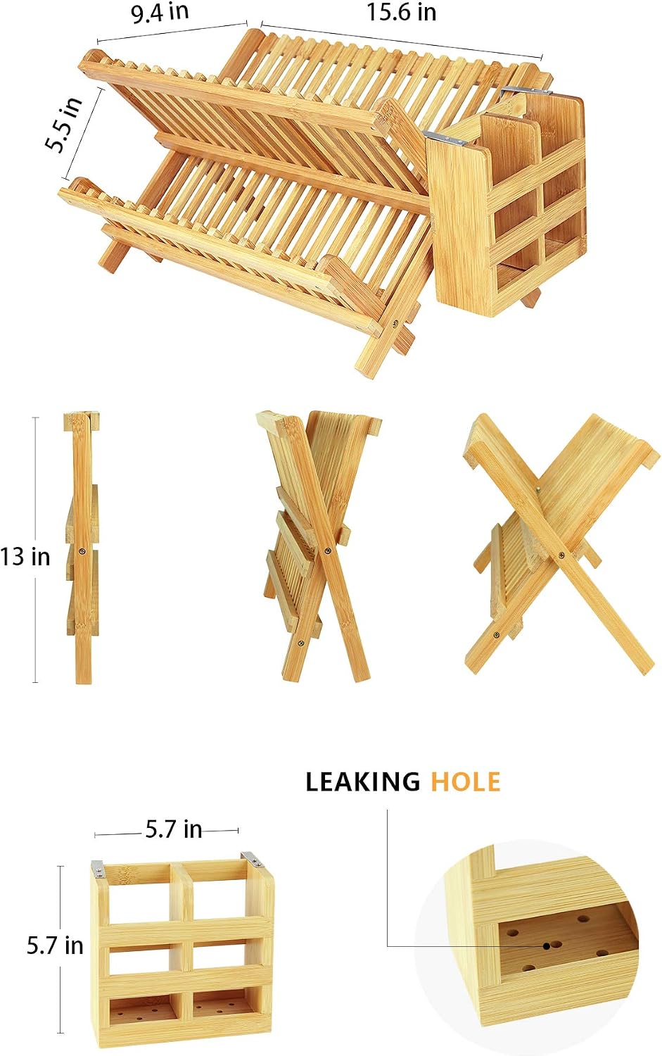 IFELES Bamboo Dish Drying Rack/Utensil Dish Drainer | Collapsible Foldable Dish Drainer | for Big Plates, Cups, Mugs, Utensils | 18 Slits | Eco-Friendly | Large 2-Tier Double Sided