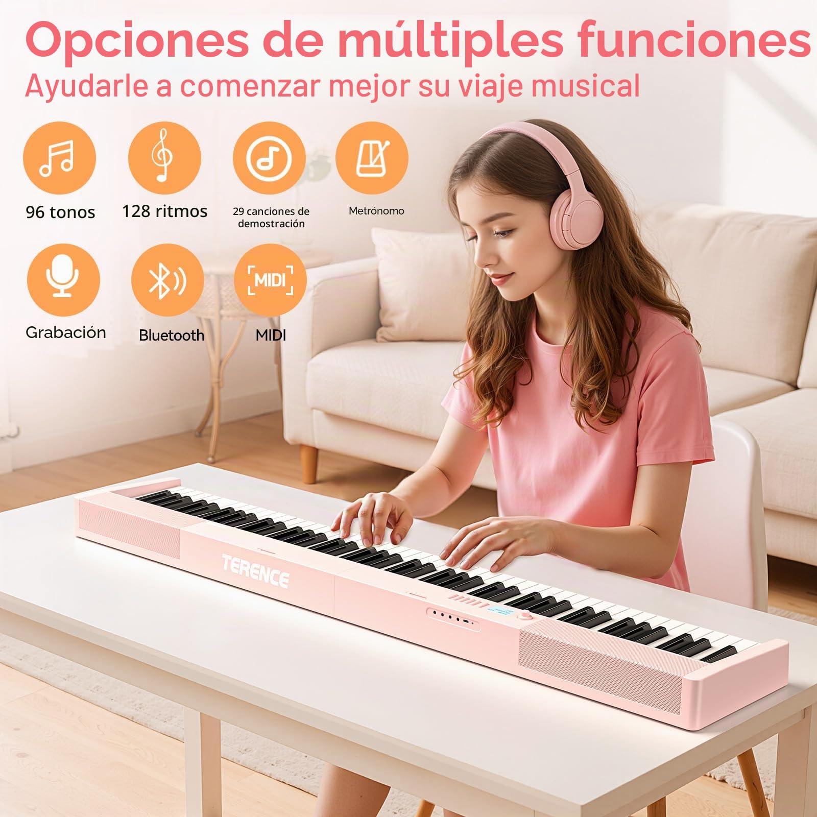 TERENCE Piano digital para adultos, instrumento musical con 88 teclas ponderadas, batería de 1800 mAh, 2 altavoces de 25 W, piano plegable, portátil, compatible con Bluetooth e interfaces MIDI,Rosa