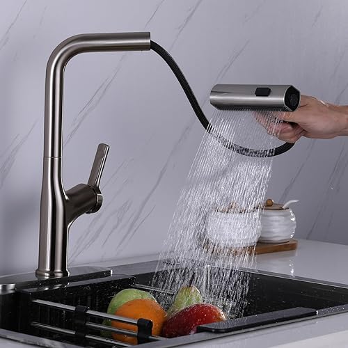 Miniatura 2 de Grifo de cocina en cascada con rociador extraíble, grifo de fregadero de cocina con pulverizador, 3 modos de níquel cepillado, grifos de cocina