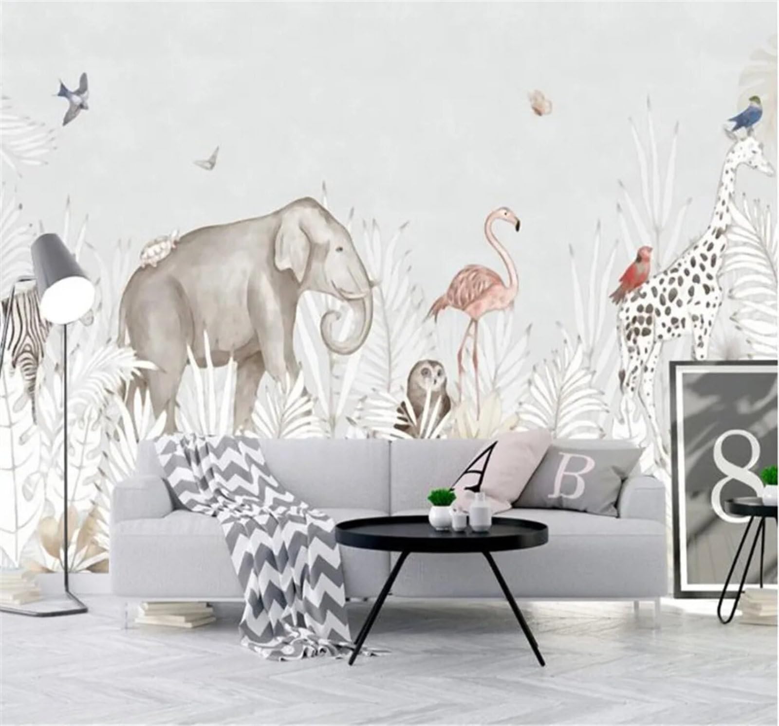 Xlming 300Cm×210Cm(B×H) Minimalist Hand Drawn Fresh And Light Elephant Giraffe Cartoon 3D Wallpaper Silky Texture Home Study Office Grey Dining Room Sofa Bedroom Living Room Tv Backdrop-300Cm×210Cm