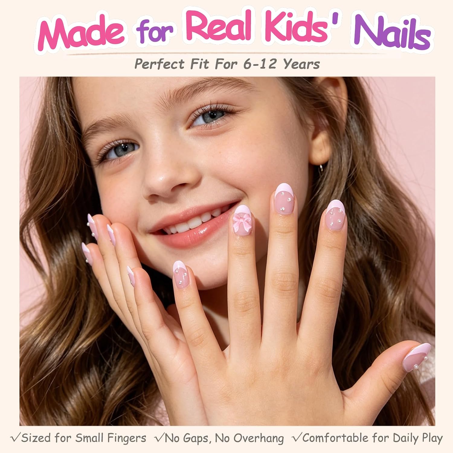24 Pieces Press on Nails for Kids, Trendy Pearl Bow Kids Press on Nails for 6-12 Years, Fashion Nail Kit for Girls with Nail Glue, Adhesive Tabs
