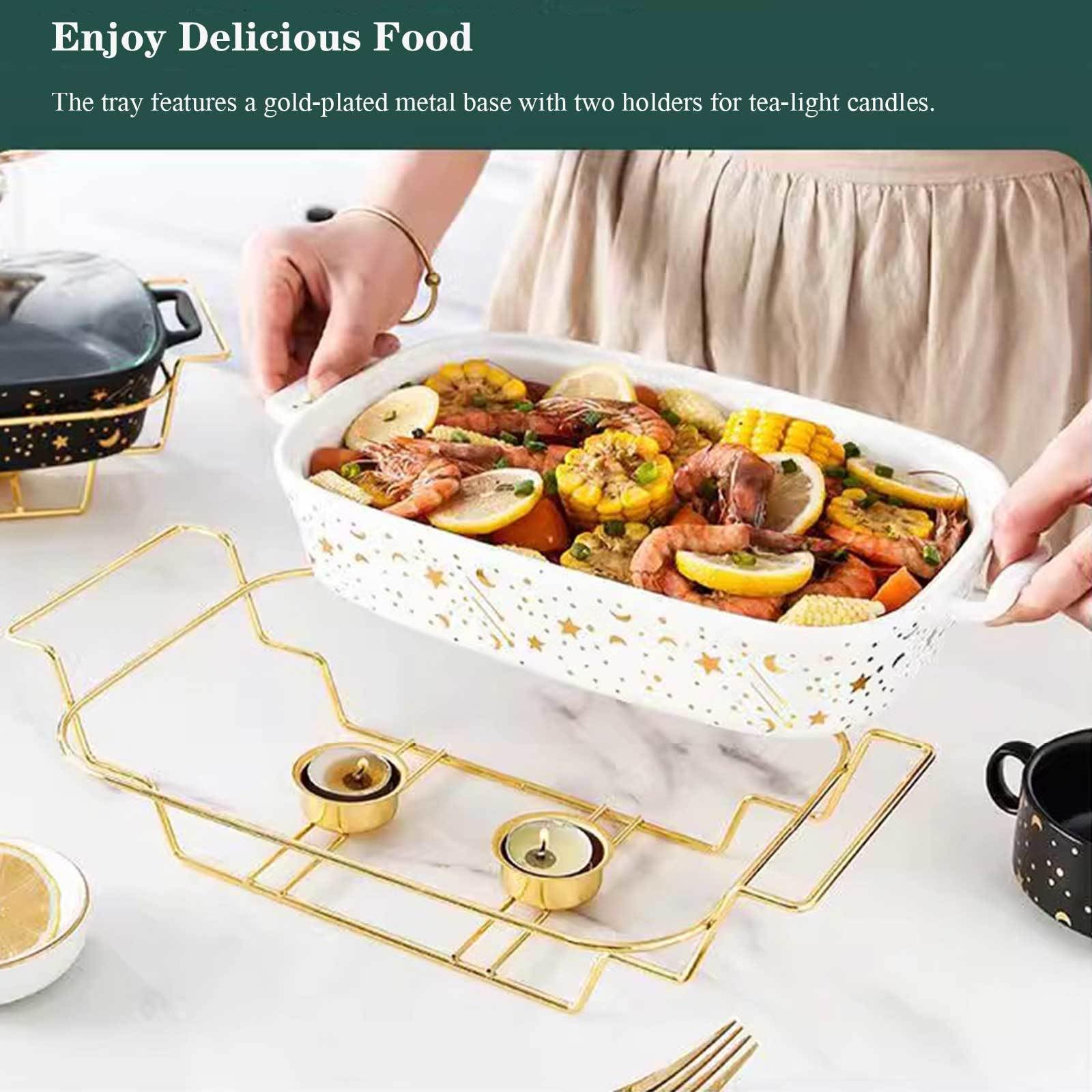 Ceramiczne Naczynie Do Zapiekania Ze Szklaną Pokrywą, Forma Do Pieczenia Z Uchwytami, Naczynia Do Pieczenia Dla Home Decor Ze Złotym Stojakiem, Tace Do Podgrzewania Na Bufet,White-Medium
