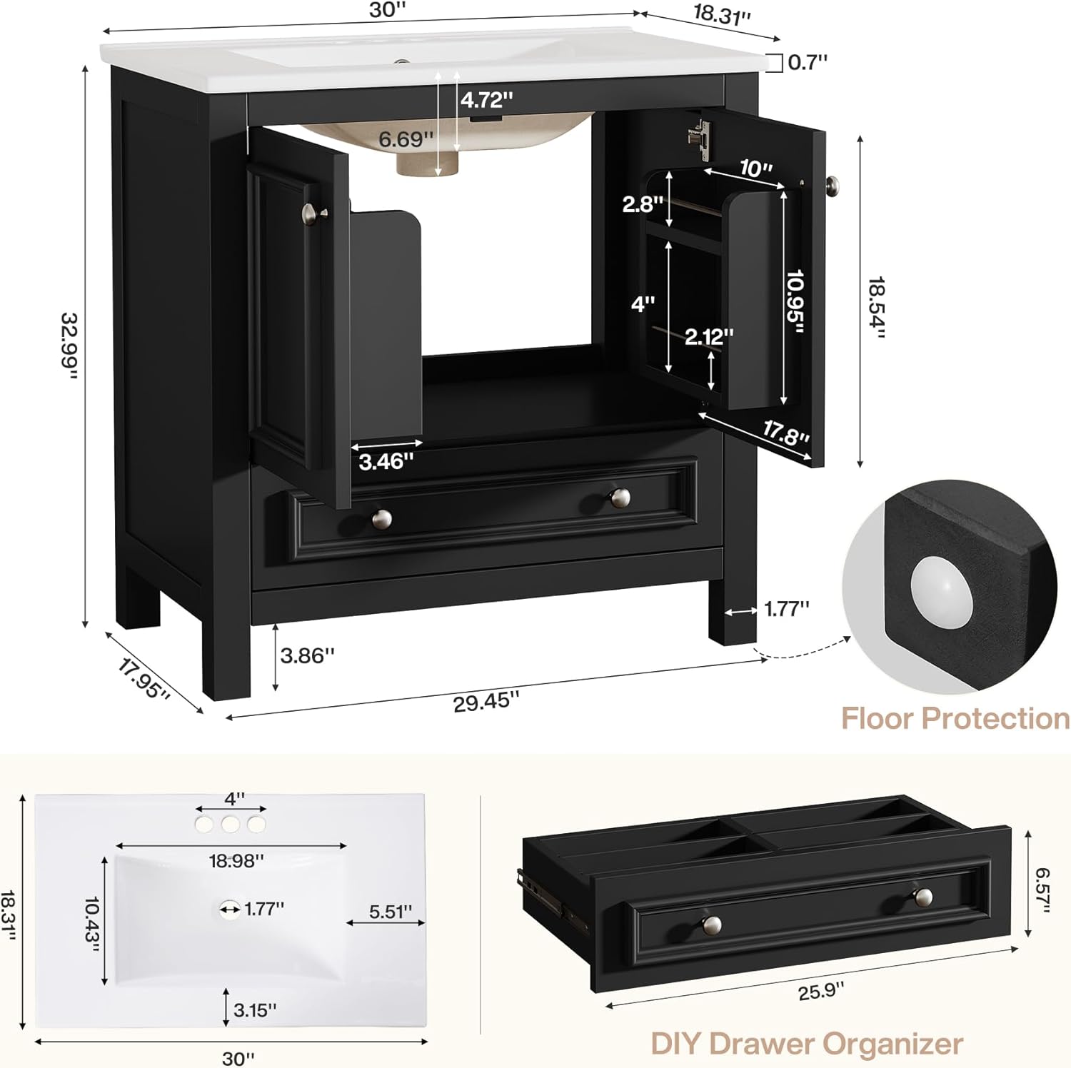 Tribesigns Modern Bathroom Vanity with Sink, Freestanding Bathroom Vanities Cabinet with Ceramic Basin Combo, Bathroom Sink Cabinet with 2 Doors and 1 Drawer, Solid Wooden Frame (Black, 30 INCH)