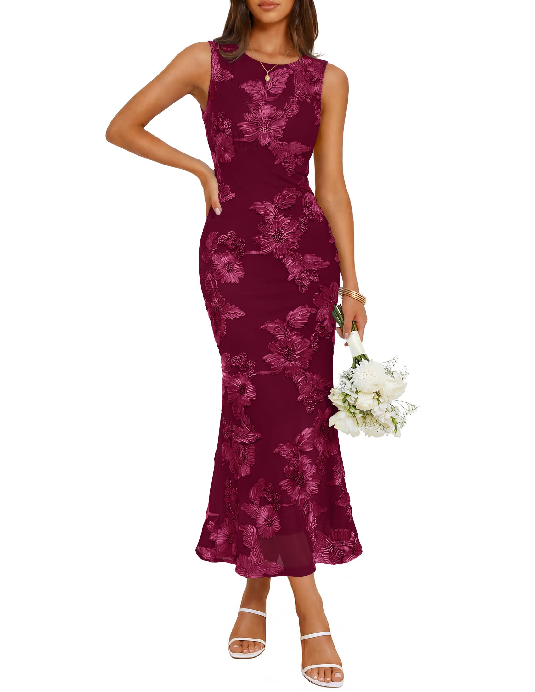 Photo 1 of ZESICA Women's Floral Mesh Bodycon Midi Dress