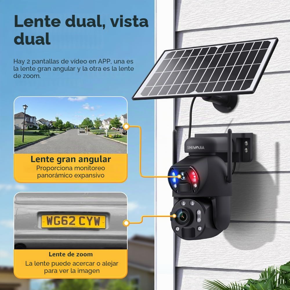 SHIWOJIA Cámara 4G Solar Exterior, Cámara 4G Doble Lente Zoom Híbrido 50X, 6MP con visión Nocturna en Color, detección Humana PIR, Ranura SD, Metal, IP66