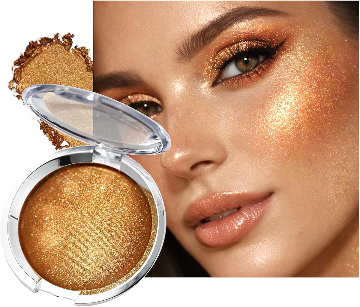 Paleta de maquillaje resaltador en crema dorada, paleta de resaltadores de ojos con brillo dorado cálido, alto pigmento, larga duración, mezclable, brillo de color brillante, resaltador de rostro y cuerpo brillante para niñas adolescentes