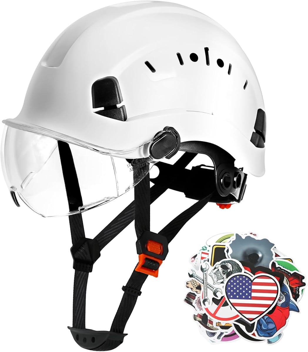 AOLAMEGS ABS Safety Hard Hat - ANSI Z89.1 Approved Safety Helmet Adjustable Vented Hardhat for Men Women Adults Safety Hardhats for Outdoor Indoor Industrial Construction Workwear (White Clear Visor)