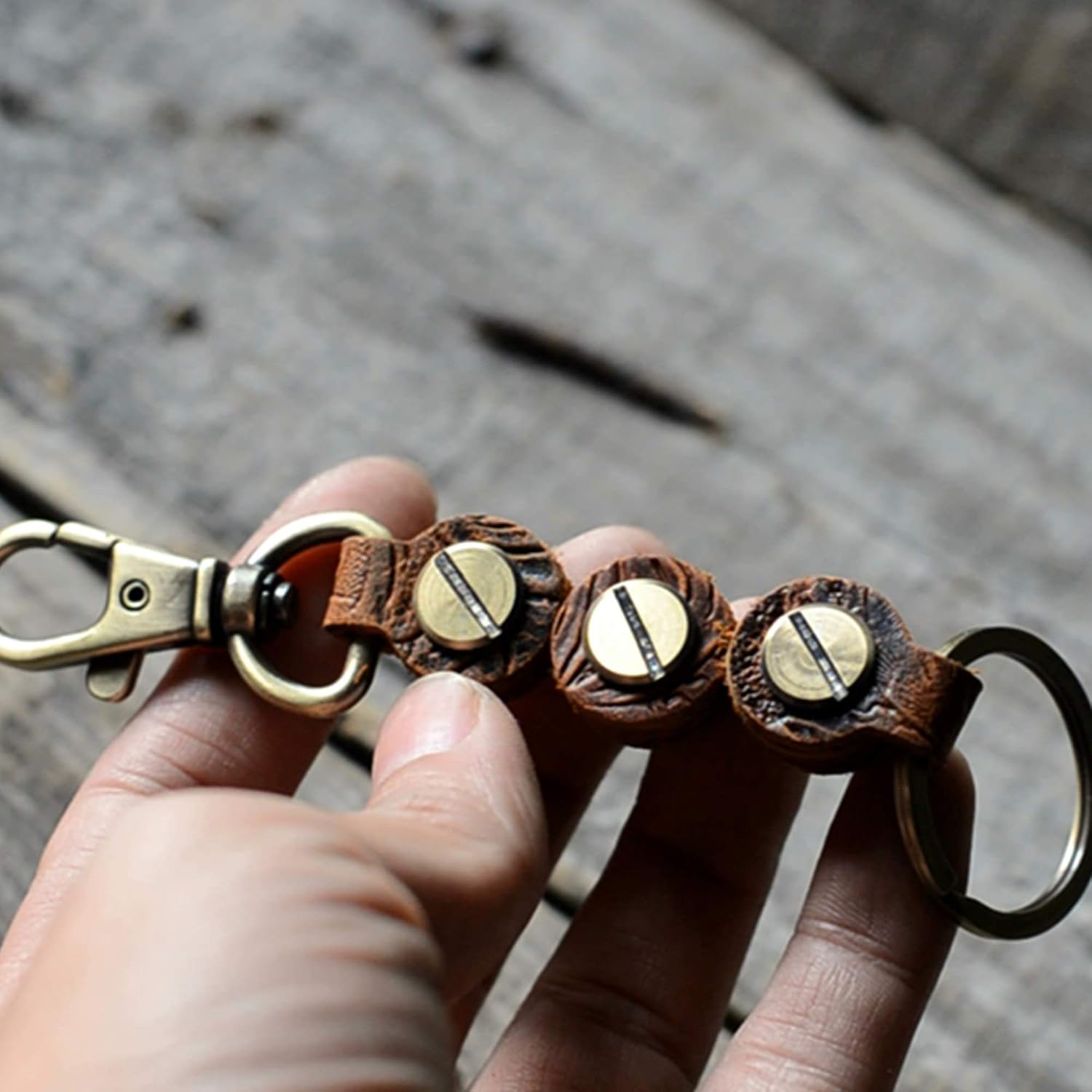 Genuine Leather Keychain Walnut Leather Key Holder Mens Key Chain Ring Fob (Flower Brown2, style 2)