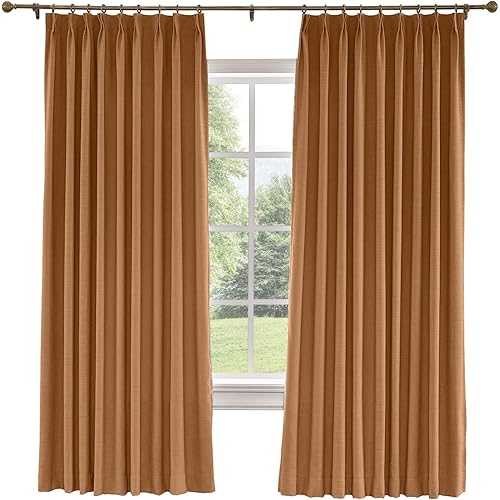 Drapifytex Extra Wide Pinch Pleated Drapery 150 Inches Width by 96 Inches Length Faux Linen Blackout Lined Curtain, Bedroom Curtain Livingroom Curtain, Orange Copper