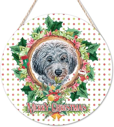 Miniatura 7 de Arupkeer Welcome Sign Merry Christmas Wreath American Bully Dog Round Wooden Signs Santa Suit Wood Hanging Plaque Rustic Wood Hanging Sign