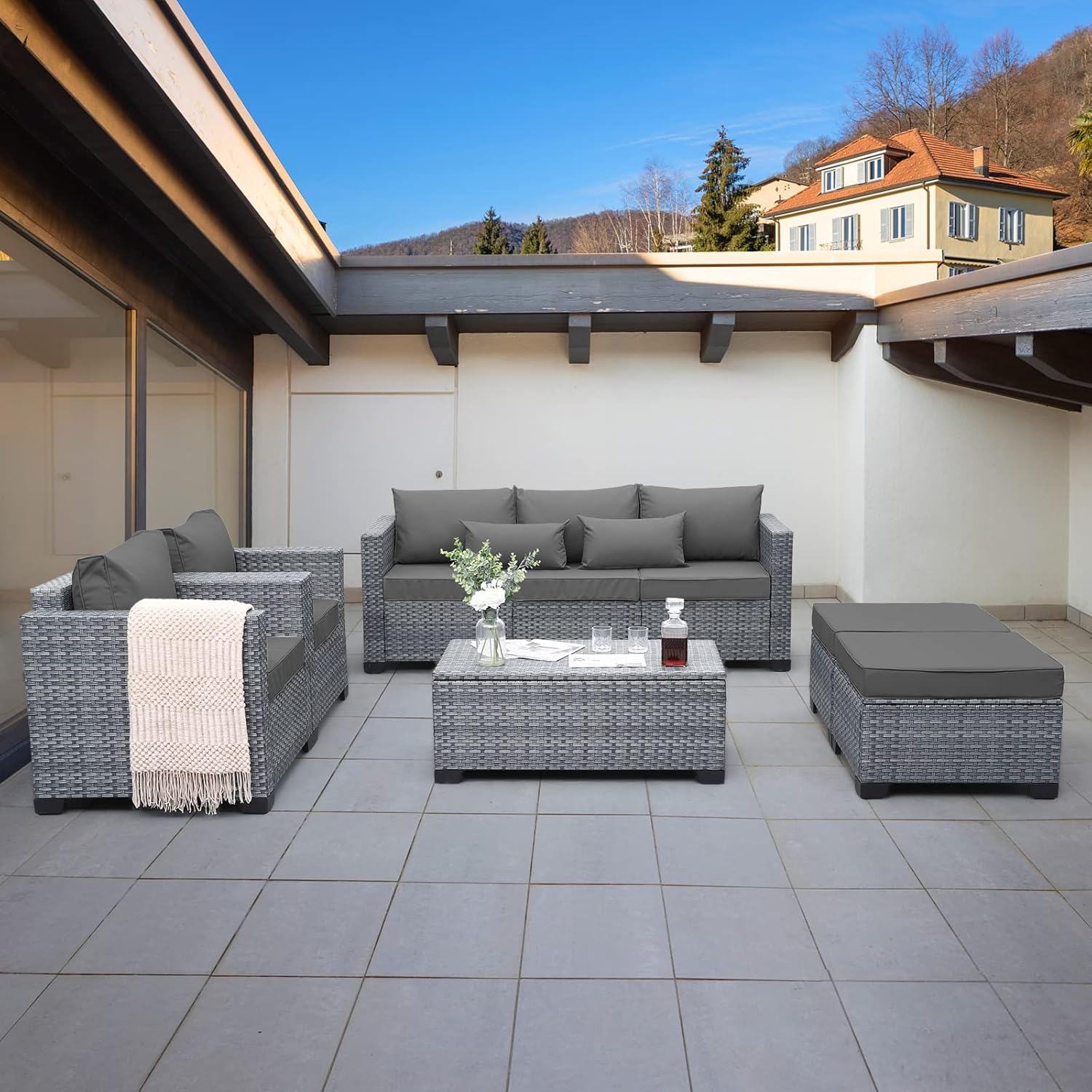 Lviden 6 Pieces Wicker Patio Furniture Sets Outdoor Conversation Set HDPE Rattan Sectional Sofa Couch with Storage Table and Grey Cushions