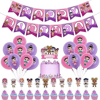 LoL Anniversaire Décoration, LOL Double Face Gâteau Topper avec Une Bannière de Joyeux,Ballon de Joyeux Anniversaire de Lol Surprise Dolls pour Les Fournitures De Fête des Enfants