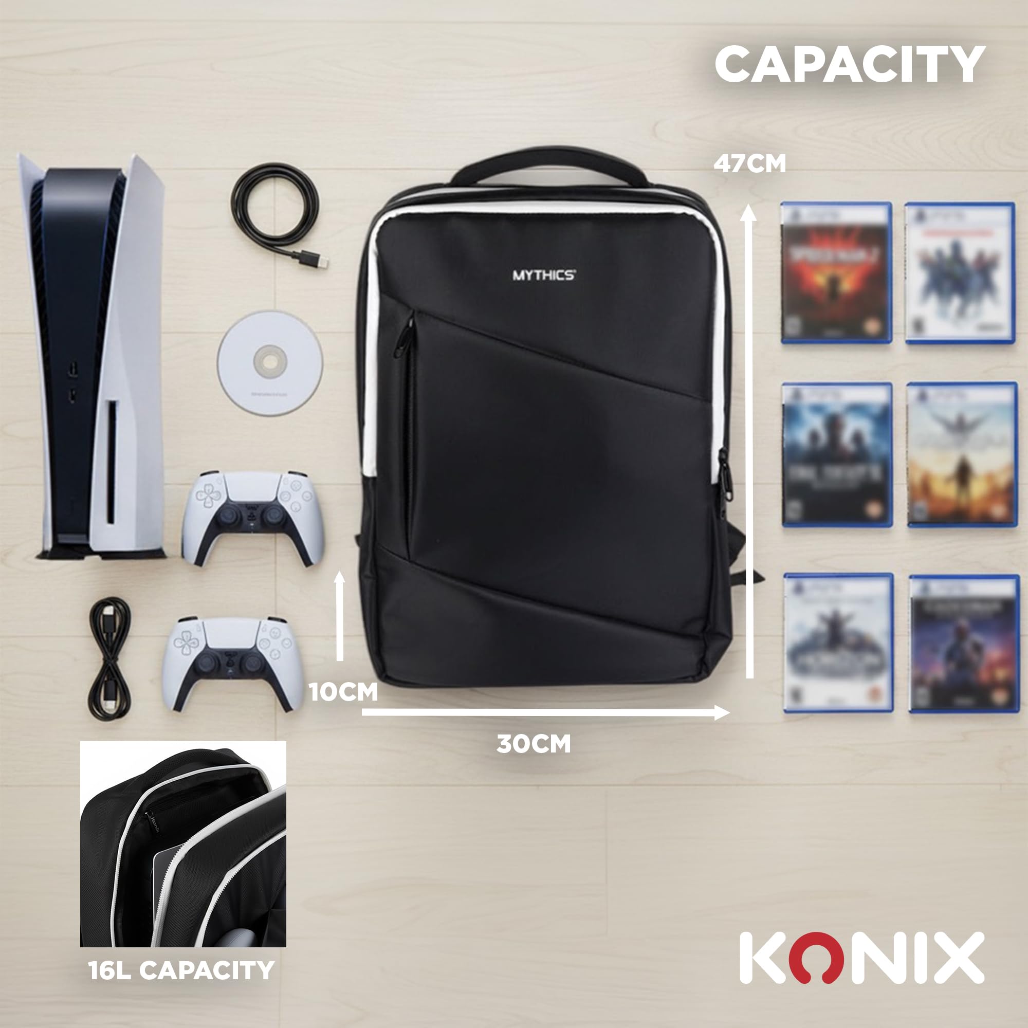 Konix Mythics Titan Mochila para Almacenamiento y Transporte de Consola y Accesorios PS5 - Volumen 16 l - 30 x 10 x 47 cm - Negro y Blanco