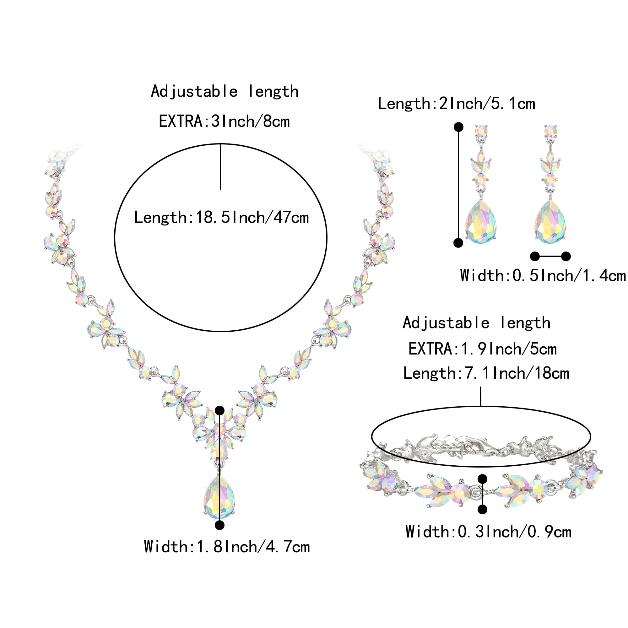 Set di gioielli da sposa per donna, collana a Y, bracciale tennis e orecchini pendenti, set di cristalli a goccia, marquise cluster per damigella d'onore blu argento,
