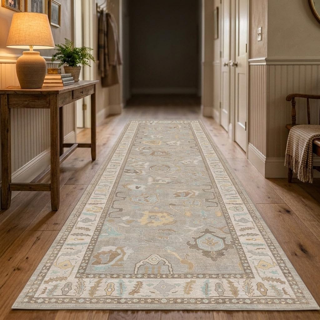 Fame Rugs Brown Modern Oushak Rug 2'6"x7', Washable Vintage Turkish Colorful Oriental Antique Inspired Foldable Small Runner Rugs, Luxury Living Room Bedroom (382MB, 2'6" x 7')