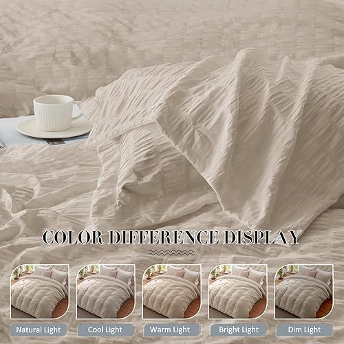 Miniatura 4 de Cozyide Juego de funda de edredón de lino tamaño King, 3 piezas, funda de edredón de sirsaca suave y transpirable, con cierre de cremallera y lazos