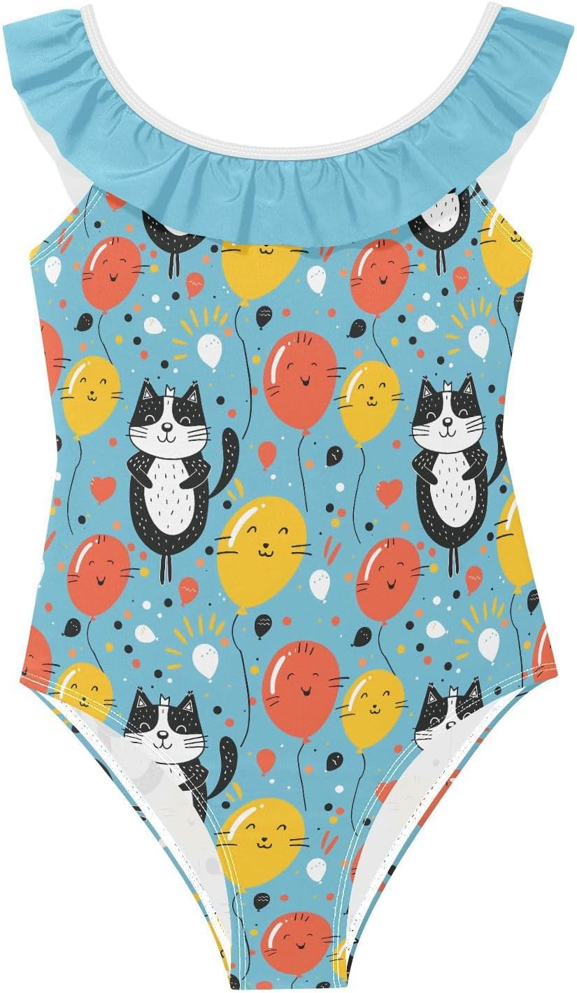 visesunny Girls One Piece Swimsuits Ruffle Swimwear Crown Funny Cat Balloon Bathing Suits for Girls 3-6Y