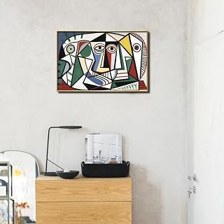 Pablo Picasso Wall Art, Geometric Pattern Cubist Canvas, Abstract Modern Art Cubist Style Multicolor Wall Decor, Art Work For Wall Decor Living Room (Gold Frame, 36W x24L, Framed)