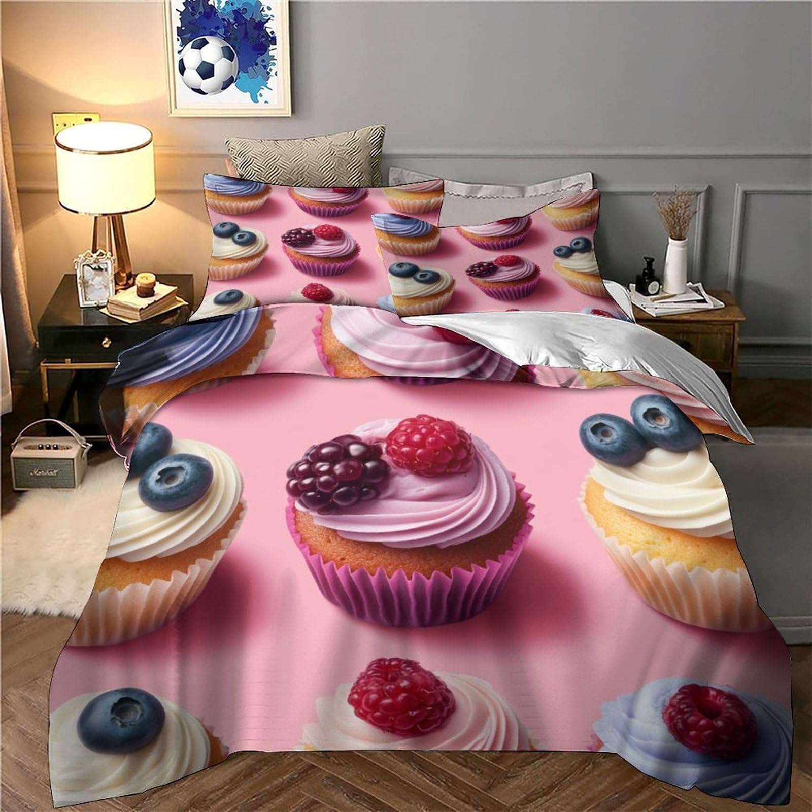 Cupcake ai frutti di bosco Impressione 3D 3 pz cover piumone Dolci prelibatezze da dessert coperteletto microfibra traspirante zip per adolescenti uomini adulti Super king（260x220cm）