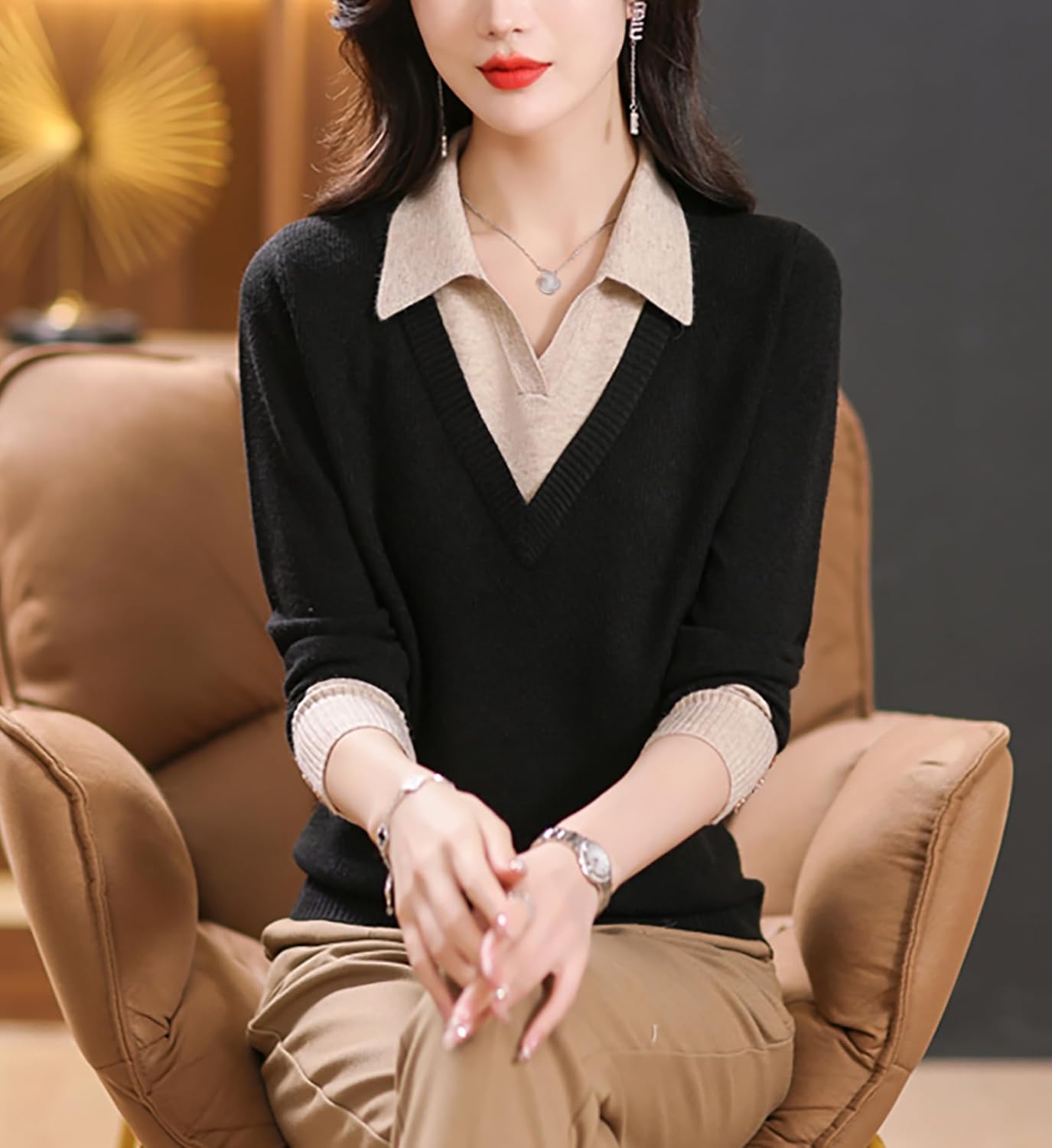 LAI MENG FIVE CATS Women's Polo Contrast Collar Sweater Casual Ribbed Knit Shirt V-Neck Tunic Pullover Top - Image 3