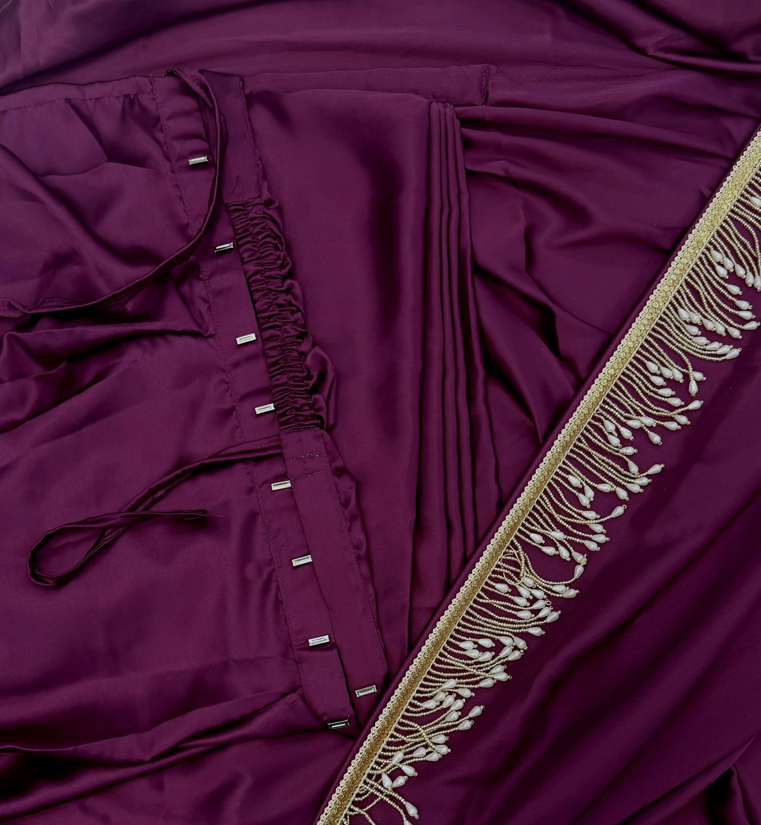 SATAZ Women's Ready to Wear Satin Silk Saree Readymade Stitched Wine With Unstiched Blouse 2