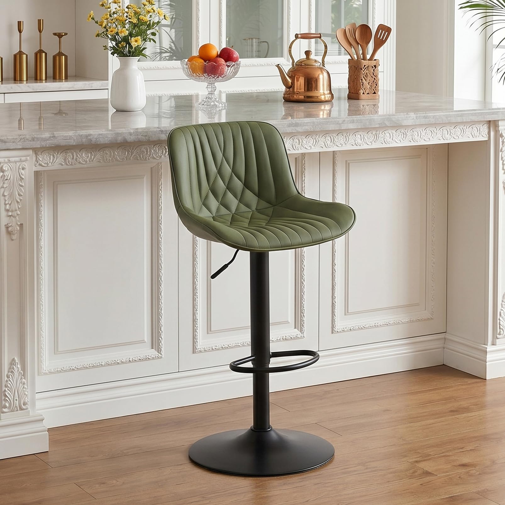 YOUTASTE Bar Stools, Breakfast Bar Chairs with Back, PU Leather Kitchen stools, Swivel Height Adjustable Barstools, Modern (Olive Green, One Stool)
