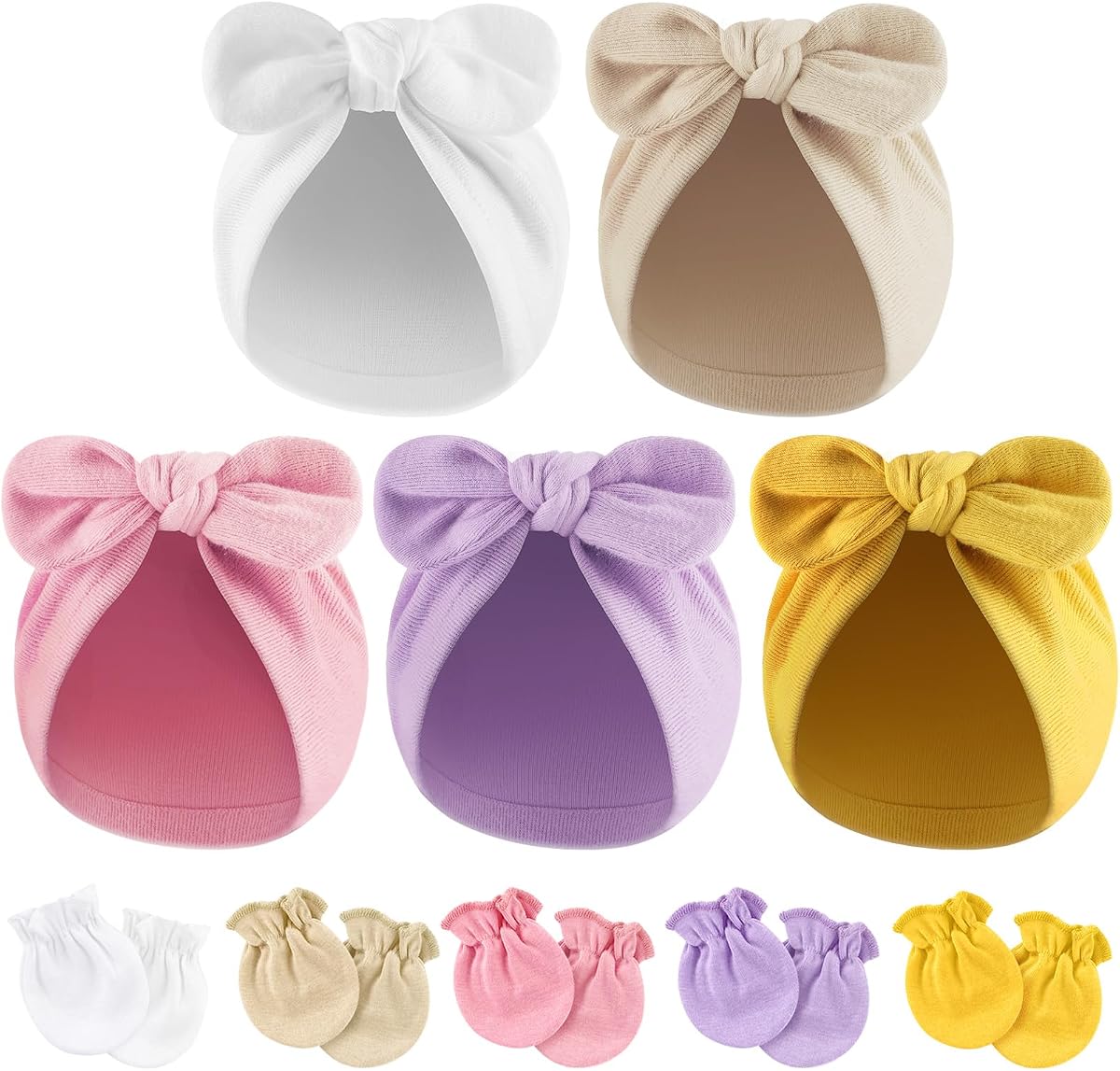 BQUBO Baby Turban Hats and Mittens Set Newborn Infant Hospital Hats Caps with Bows for Baby Boys Girls 0-12 Months