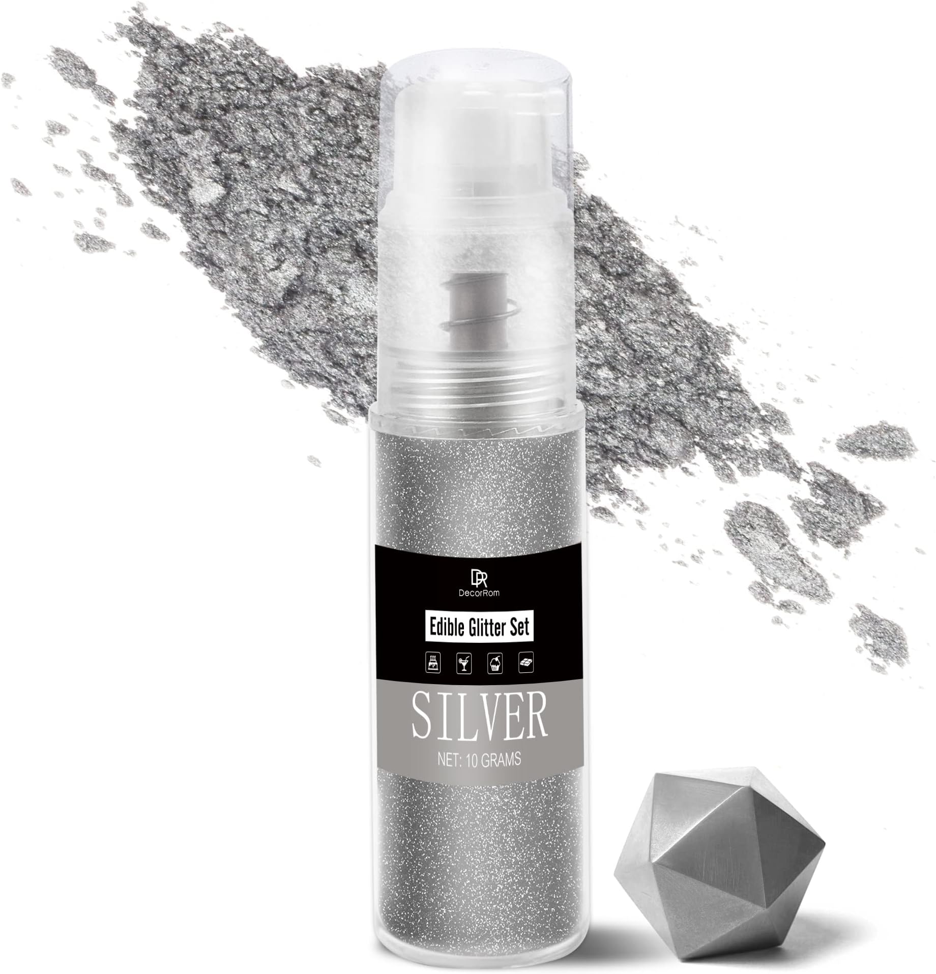 Edible Glitter Spray - 10g Luster Dust Edible Food Grade Coloring Glitter Shimmer Dust Powder, Metallic Color Dusting Powder for Cake Decorating, Baking, Drinks, Fondant, Candy, Cookie (Silver)