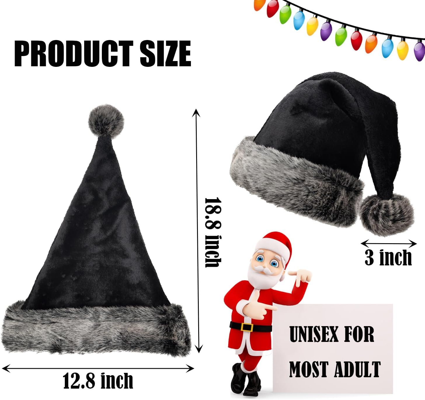 FUEAWIM Black Christmas Santa Hat for Adults Plush Christmas Headwear for Women Men Xmas Holiday New Year Party - Image 2
