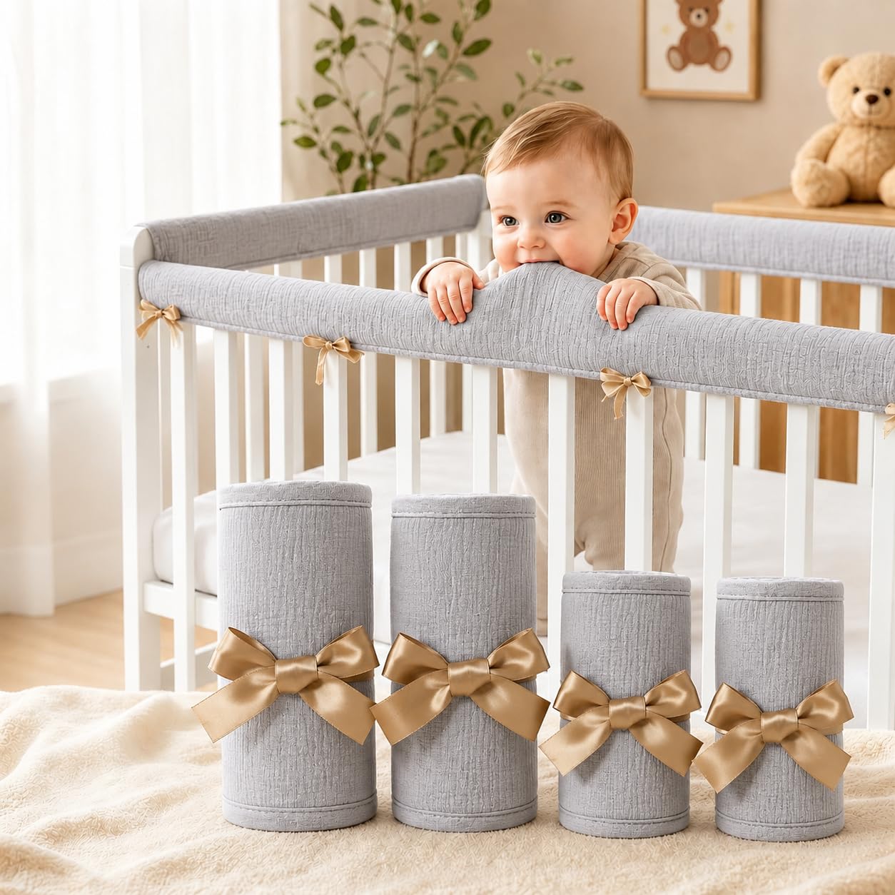 4PCS Crib Rail Teething Guard - Crib Rail Covers for Teething,2027 New Crib Protector for Sides,Soft CribRail Padding,Teething Pad Set for Front and Back Rails