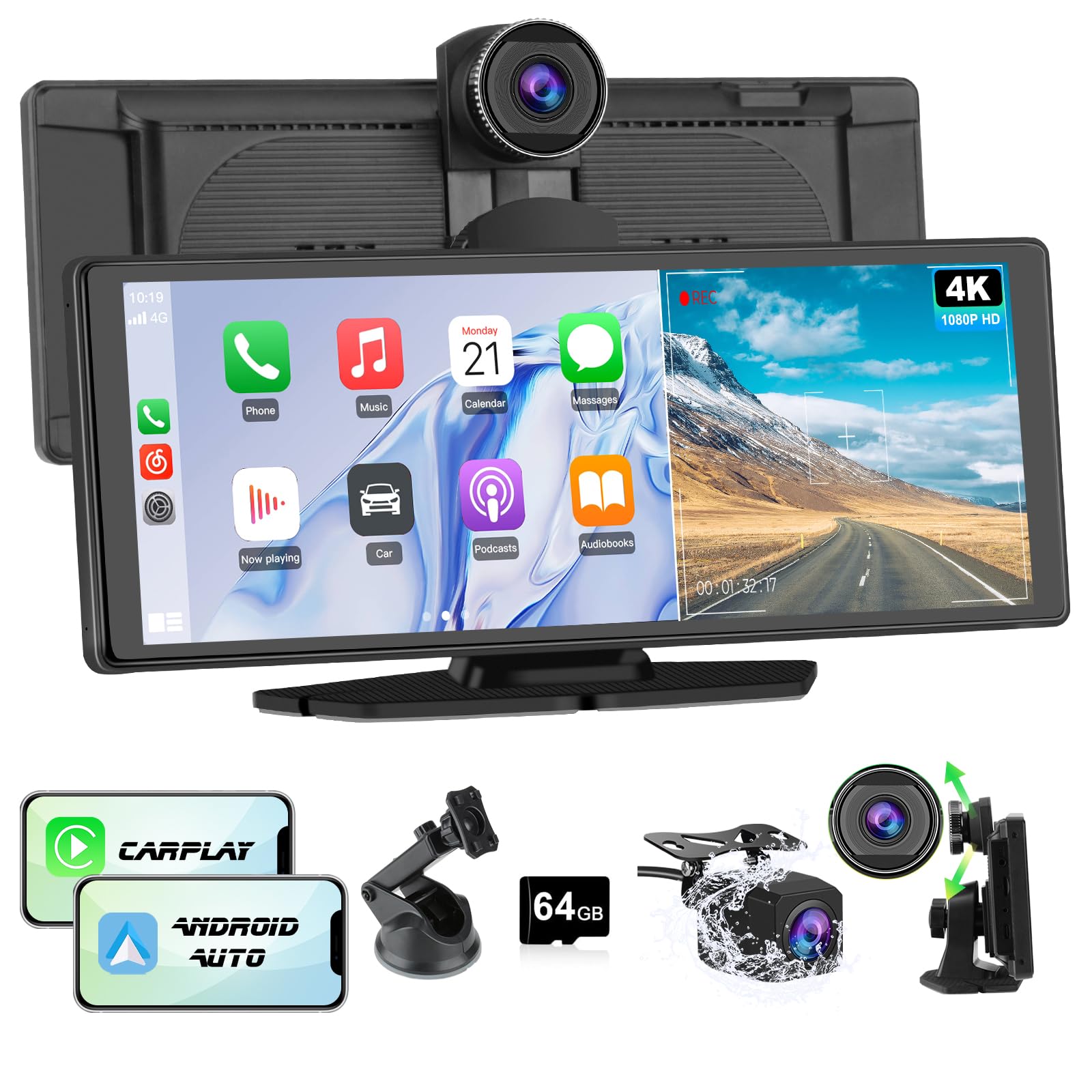 Pantalla Carplay para Coche con CarPlay/Android Auto Inalámbrico, Pantalla Táctil de 10.26 Pulgadas Portátil con Dashcam 4K/Cámara Trasera de HD 1080P/Control por Voz/Bluetooth/Mirror Link