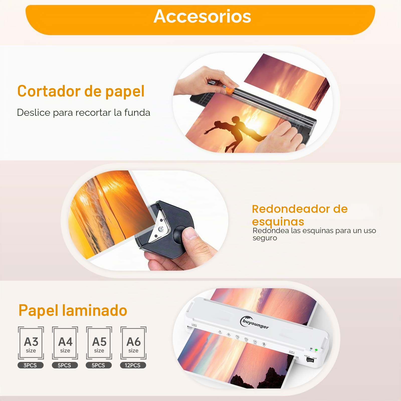 Buyounger Plastificadora A3, 6 en 1 con Guillotina, Maquina Plastificadora A3/A4/A5/A6, 30 Bolsas, Laminado en Frío y Caliente, para La Escuela, La Oficina y el Hogar