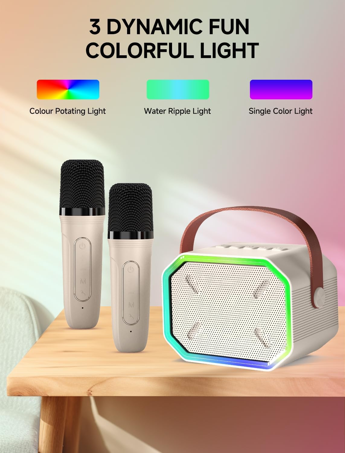 Karaoke Machine for Kids and Adults, Mini Portable Bluetooth Speaker with 2 Wireless Microphones, Led Lights for TV, Kids Gifts for Girls Boys Family Party Birthday (Beige) - Image 4