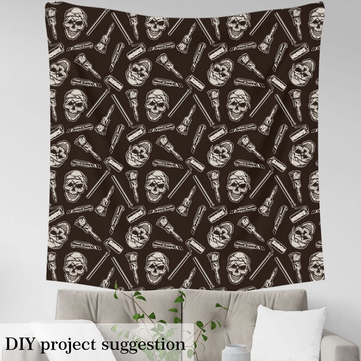 Tela de calavera gótica por The Yard Diablo Sugar Skull Escoba Tela de Halloween al aire libre Tela de terror Pesonalizado Esqueleto Huesos Retela para sillas 10 yardas (L920 x W150 cm) Beige
