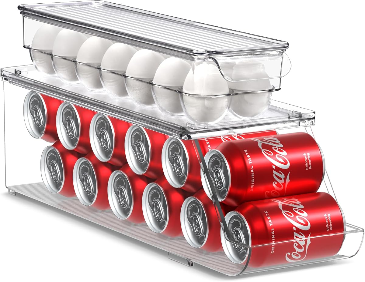 Sorbus Organizador de latas de refresco para refrigerador y soporte para huevos para refrigerador, 1 dispensador de latas apilable con capacidad para 12 latas cada uno y 1 soporte para huevos con tapa para 14 huevos para nevera, despensa, congelador, sin BPA