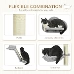 PawHut 3Pcs Cat Wall Shelf with Scratching Post, Cat Wall Shelves for Relaxing, Climbing, Cat Wall with Soft Ladder, Scratching Board, Hammock, Grey