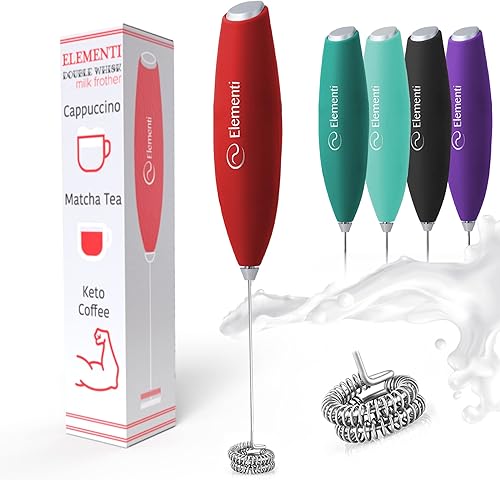Elementi Espumador de leche de mano doble batidor - Espumador de café agitador eléctrico - Batidor Matcha y mezclador de bebidas de mano - Varita