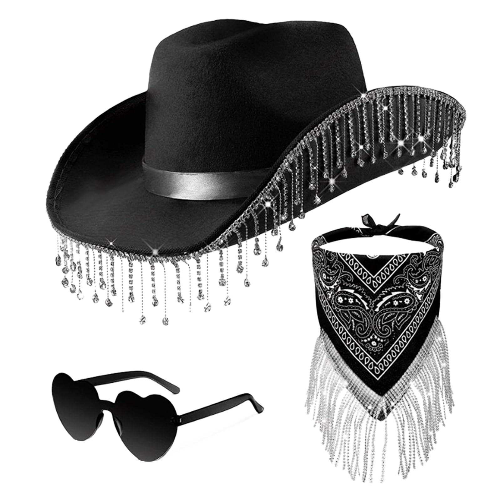 TAOLE Sombrero De Vaquera Para Mujer Rosa Negro Brillo | Sombrero De Vaquera Con Borlas Retro Y Corona De Diamantes Con Adorno De Plumas Esponjosas De Fieltro | Fiesta De Disfraces Novedosa