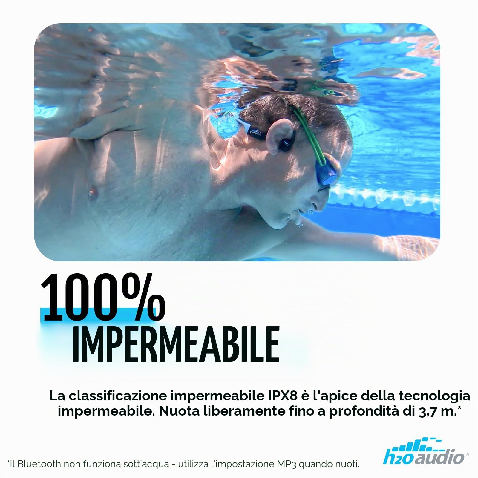 H2O Audio TRI 2 Multisport Impermeabile Conduzione Ossea Cuffie Aperte Bluetooth 5.3 per Corsa e Ciclismo, Modalità MP3 per Nuoto, Memoria 8 GB, Batteria 8,5 ore, Nero