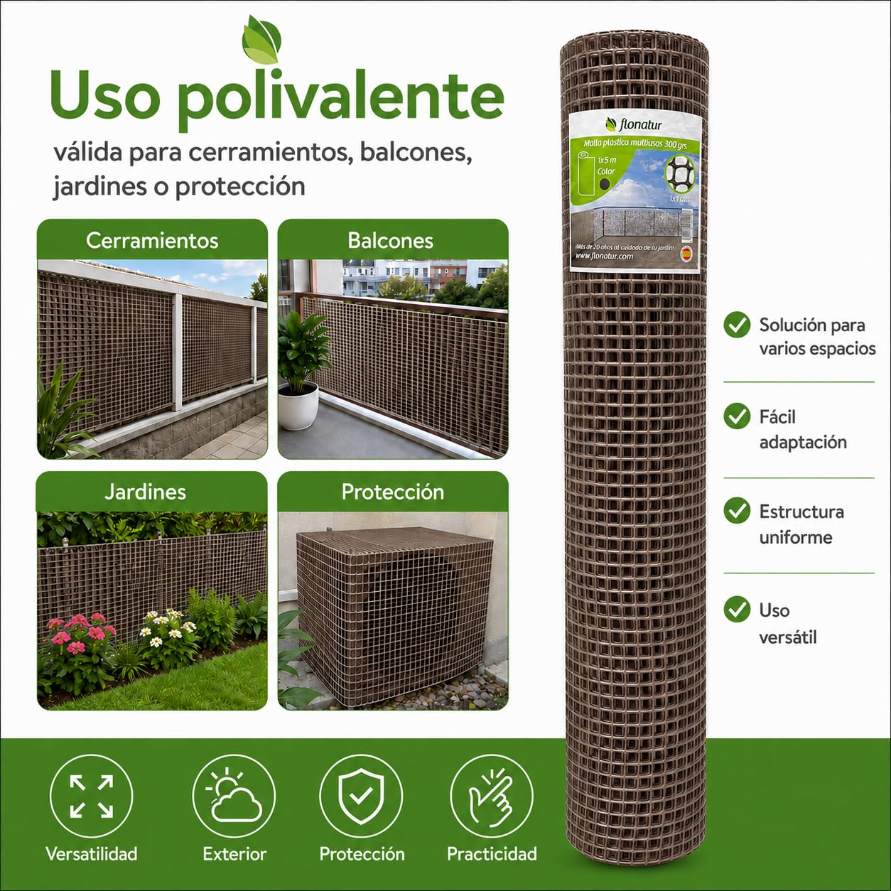 Malla de Plástico para Balcones y Terrazas 1x5m, Malla Rejilla Cerramientos de Color Marrón, Ancho del Cuadro 1x1 cms, Peso 300gr/m2