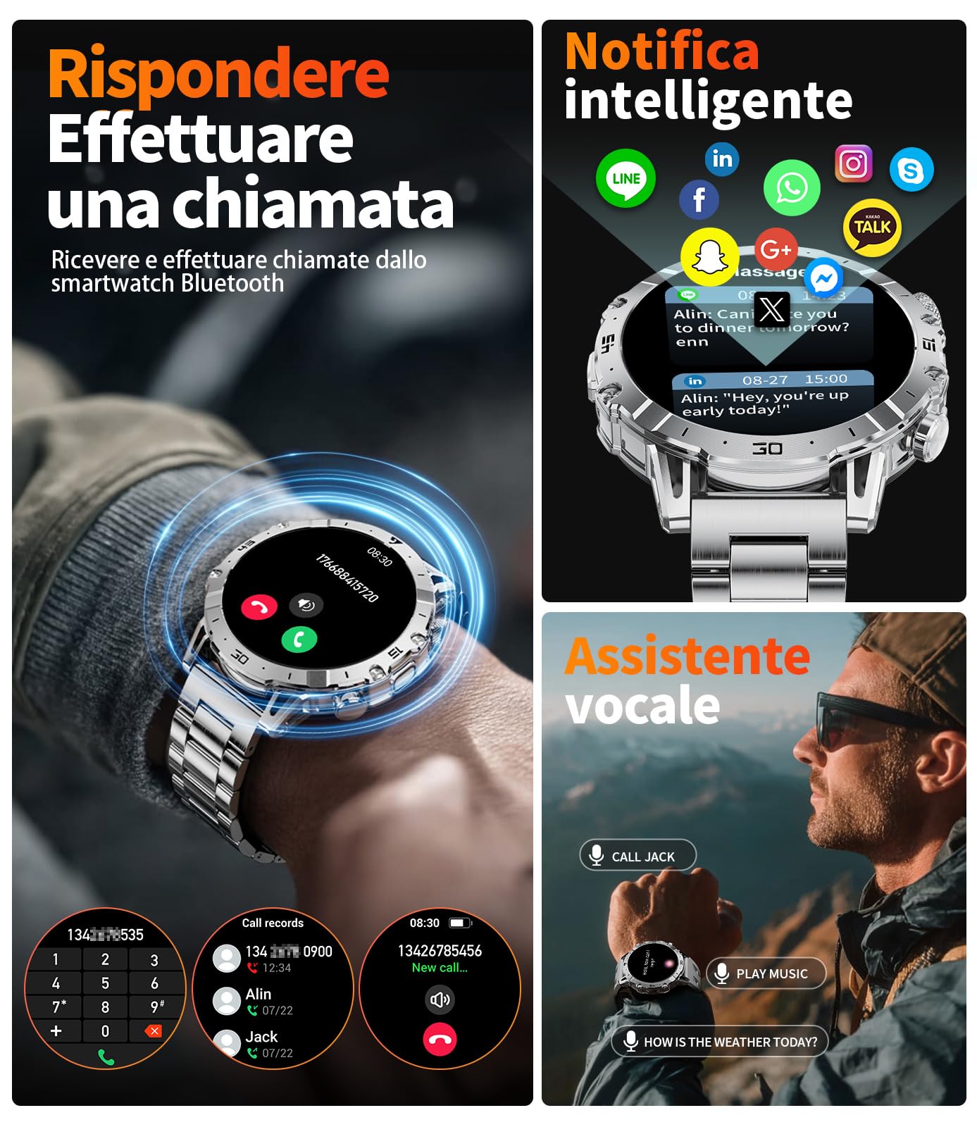 LIGE Smartwatch Uomo con 1000mAh/Torcia LED,Chiamata Bluetooth,1.7" Smart Watch Militare con 110+ Modalità Sportive,Impermeabile,Frequenza Cardiaca, Android iOS,3 Braccialetti+2 Caricabatterie,EF18-B