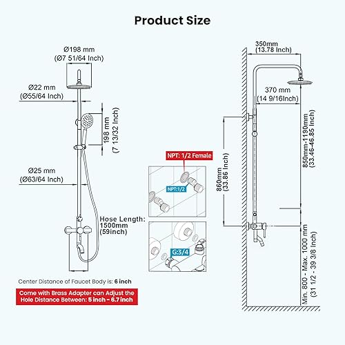 Miniatura 7 de gotonovo Juego de grifo de ducha negro mate triple función con rociador de mano ajustable y boquilla de bañera SUS 304 de acero inoxidable de 8