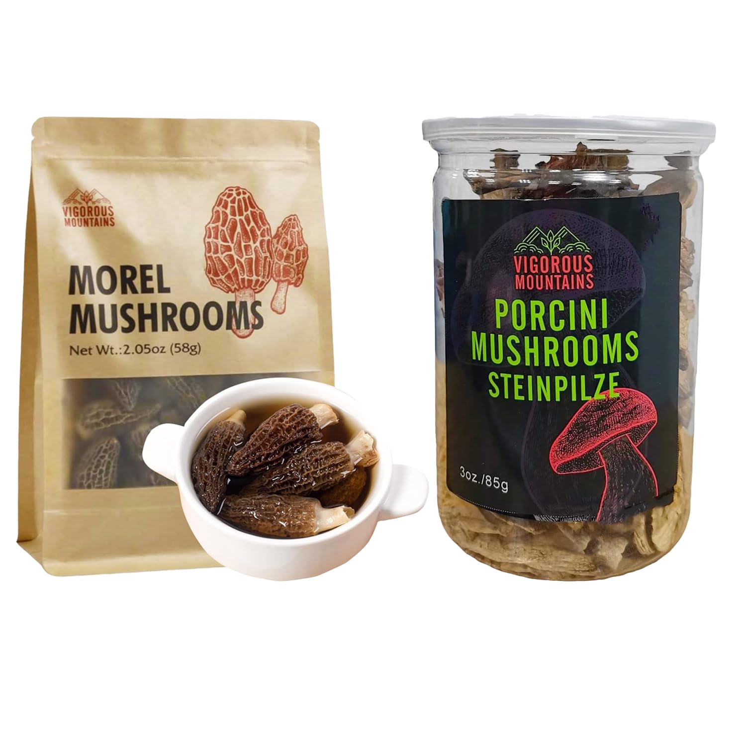 VIGOROUS MOUNTAINS Dried Morel Mushrooms 2.05 OZ and Dried Porcini Mushrooms 3 OZ