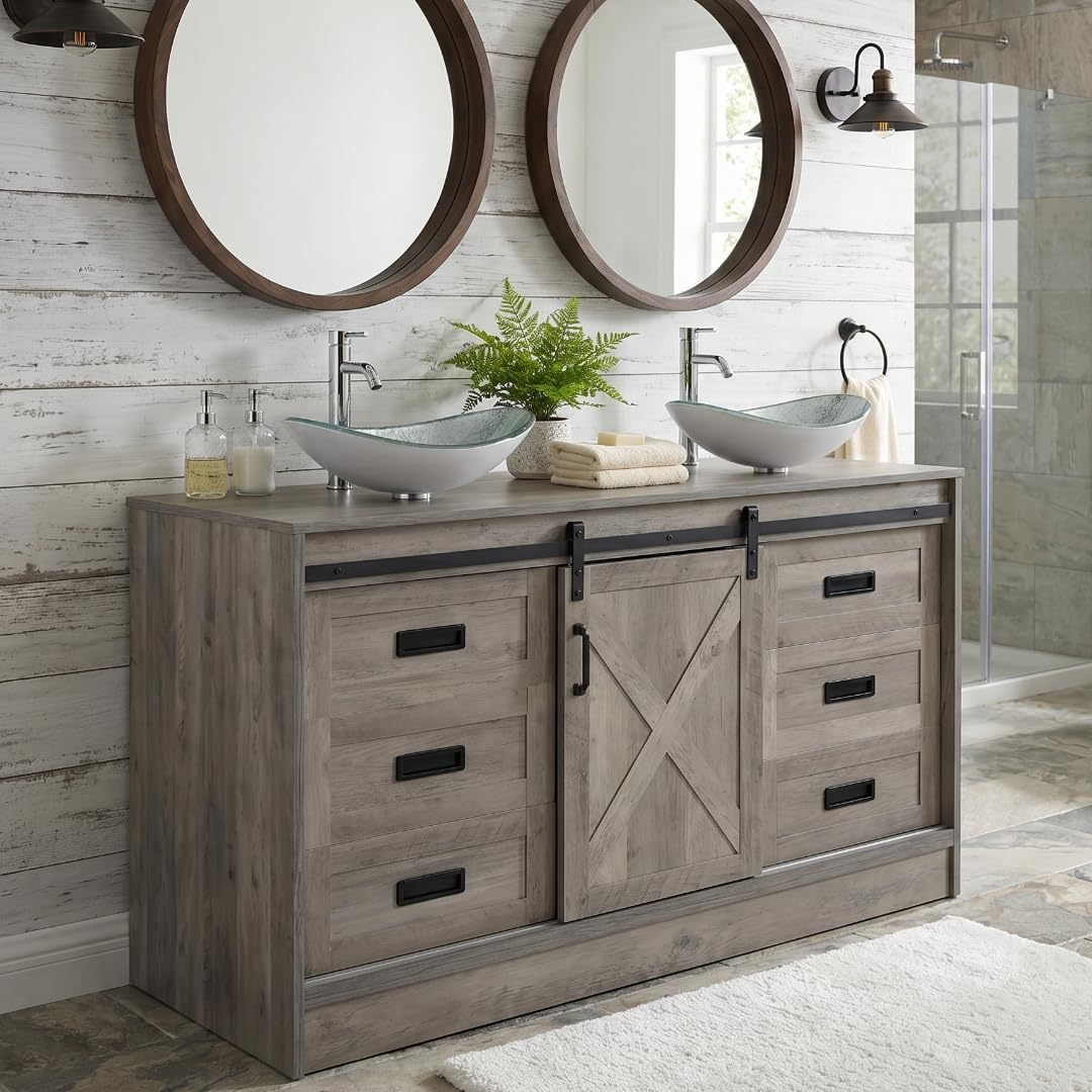 48" Barn Door Bathroom Vanity with 6 Drawers, Farmhouse Style Standing Pedestal Cabinet with Two Silver Boat Glass Vessel Sinks