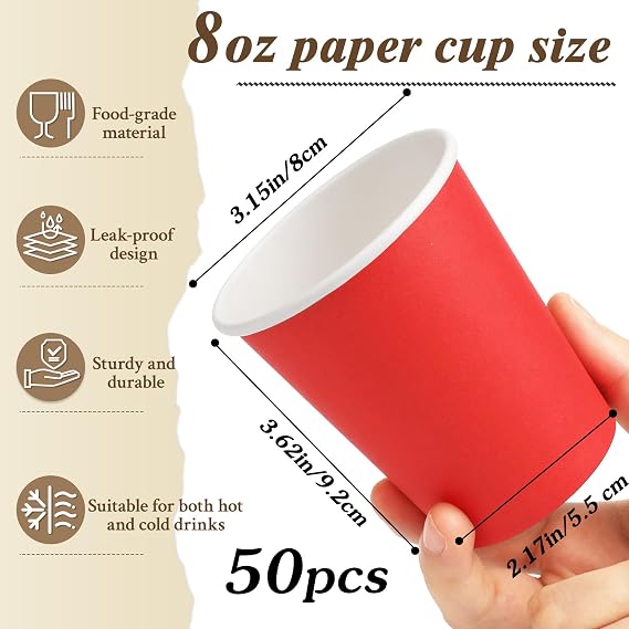 50 Pack 8 oz Paper Cups, Red Disposable Paper Cups,Paper Coffee Cups, Paper Tea Cup, Party Cups, Hot/Cold Beverage Drinking Cup for Office, Party, Restaurant, Home