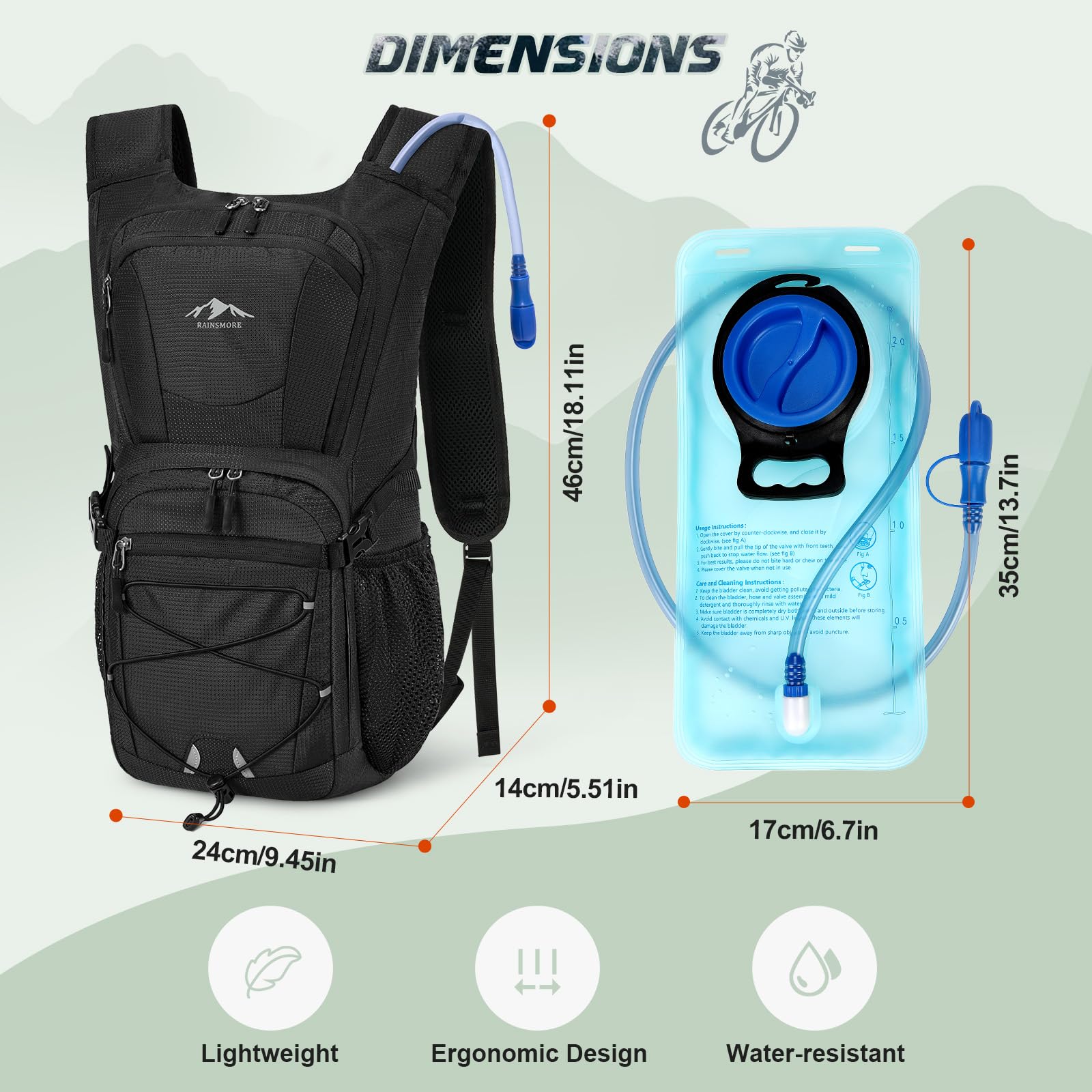 RAINSMORE Trinkrucksack mit 2L Trinkblase Leichter Wanderrucksack Rucksack mit Trinksystem für Herren Damen Fahrradrucksack Laufrucksack Hydration Rucksack zum Klettern Biken Bergsteigen