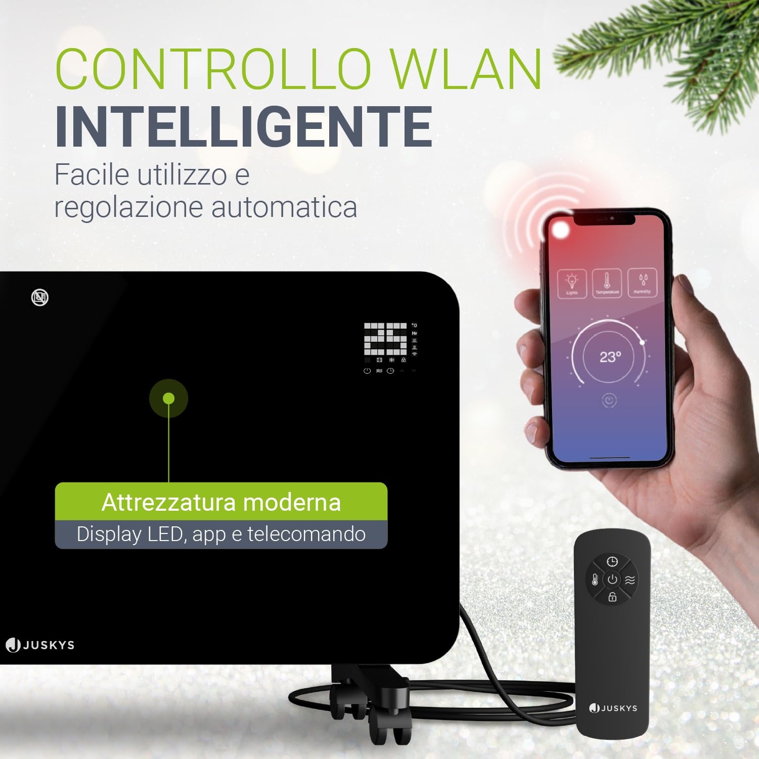 Juskys stufa in vetro 2000W – Nero, riscaldamento a infrarossi da parete o pavimento, controllo app, display LED, timer e sicurezza