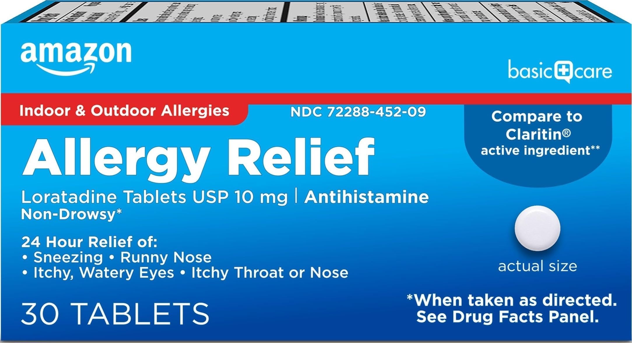 Amazon Basic Care Allergy Relief Loratadine Tablets 10 mg, 24-Hour Non-Drowsy Antihistamine for Sneezing, Runny Nose, Itchy Eyes, Hay Fever, 30 Count